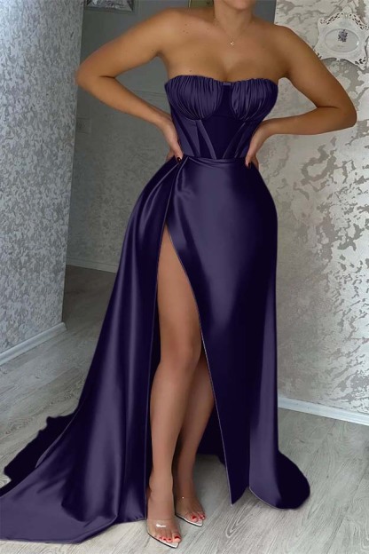 Sexy Pink Strapless Sleeveless Mermaid Prom Dress With Split Ruffles