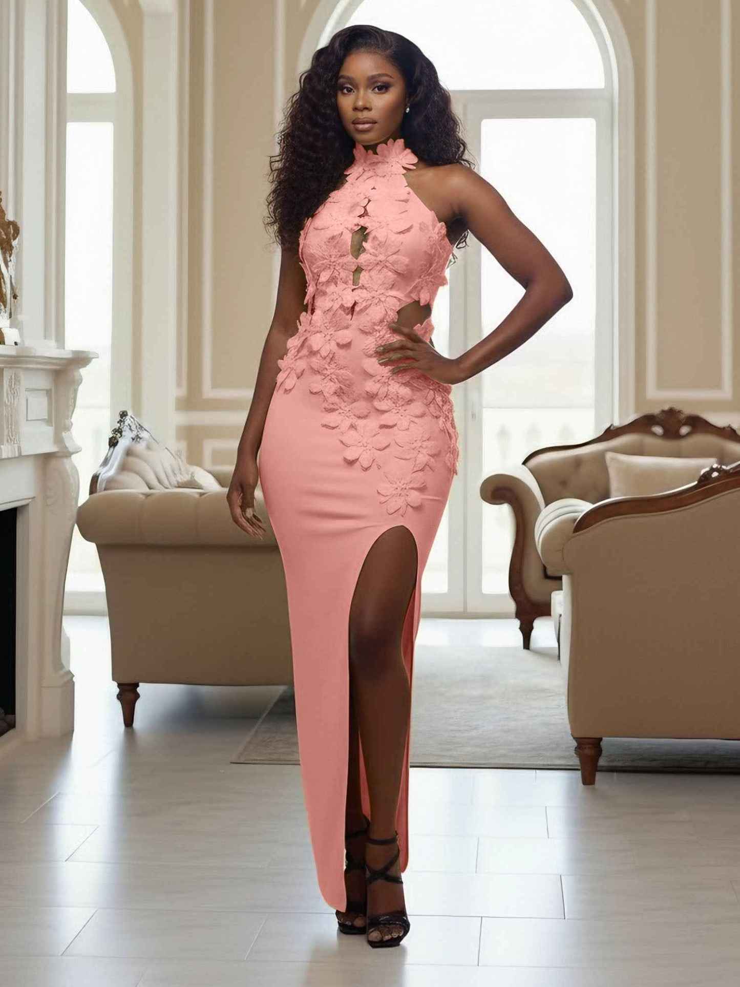 Yellow Halter Neck 3D Flower Mermaid Long Prom Dress with Slit