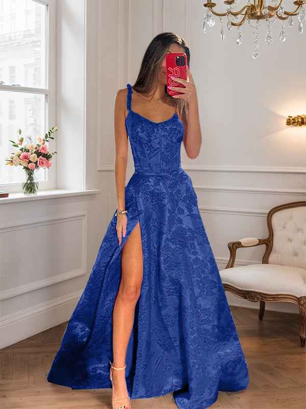 Hot Pink A Line Floral Long Prom Dress with High Slit