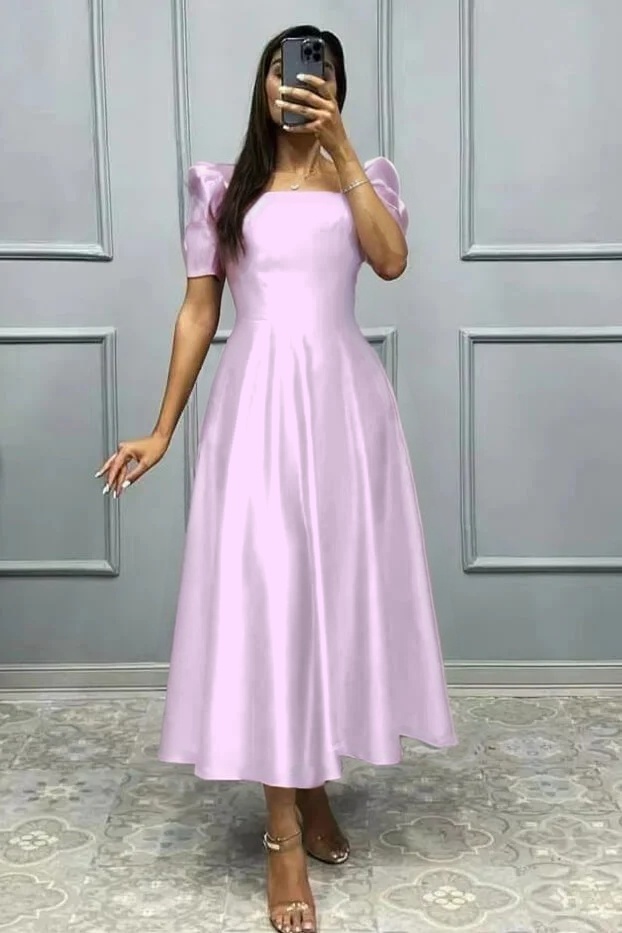 Elegant Square A Line High Waist Pleated Prom Dress With Short Sleeves