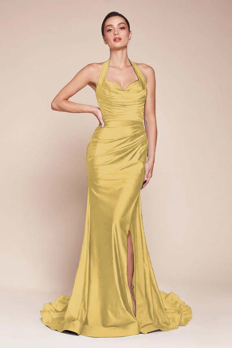 Halter Sleeveless Split Mermaid Long Prom Dress With Pleated