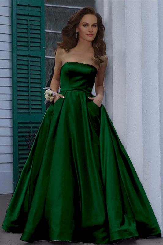 Stunning Strapless Sleeveless Burgundy A Line Long Prom Dress With Pockets