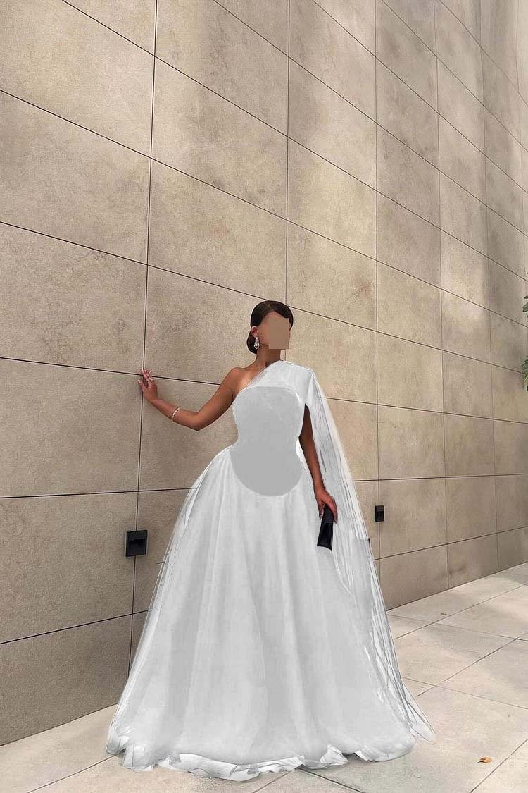 Chic Black Tulle One Shoulder Sleeveless Ball Gown Long Prom Dress