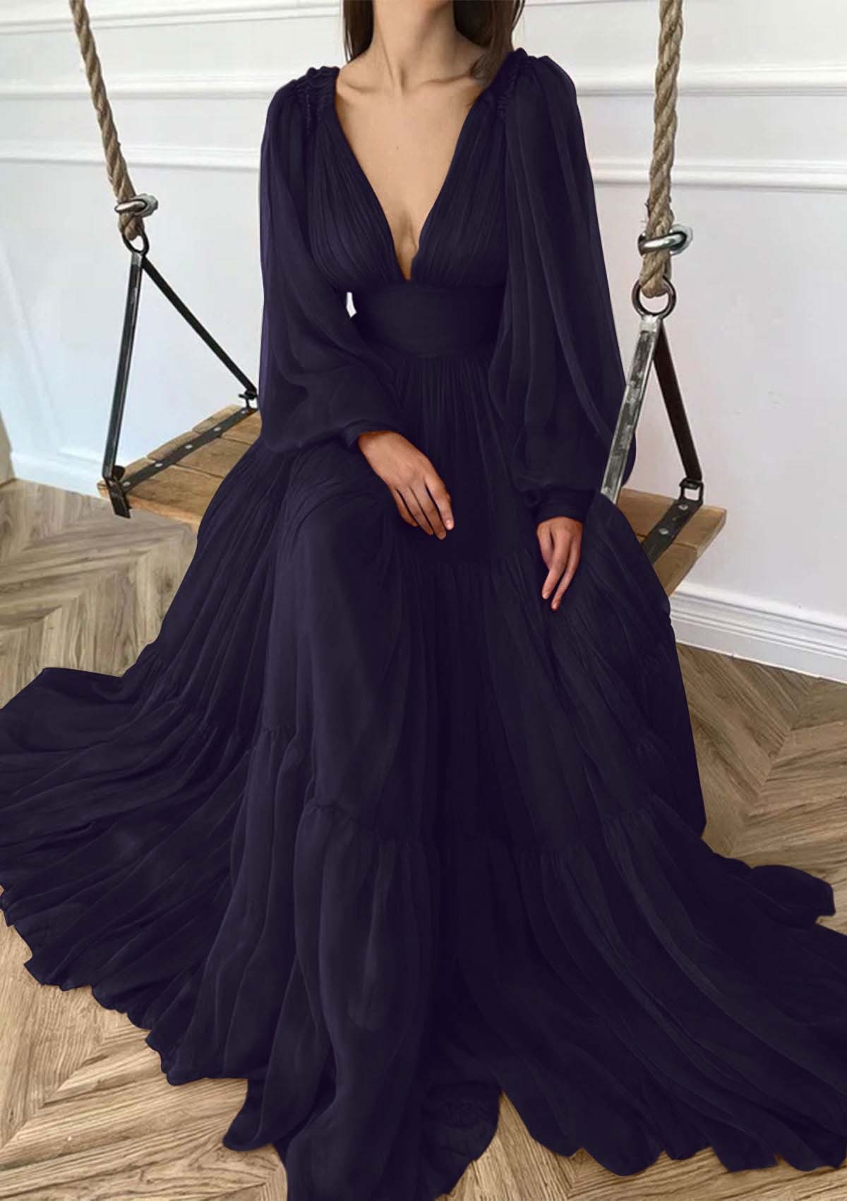 Deep V Neck Long Sleeves High Waist Long Prom Dress With Ruffles