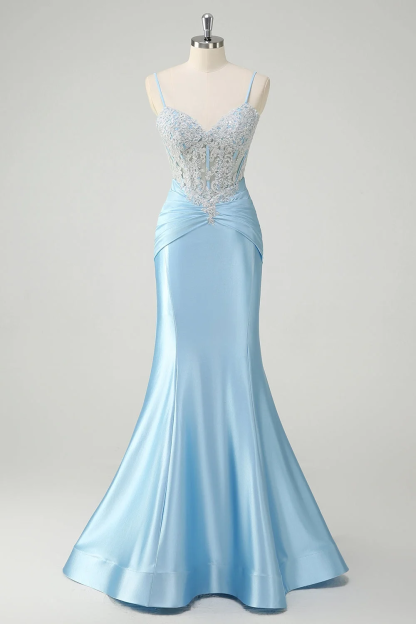 Sleeveless Spaghetti Strap Long Mermaid Prom Dress With Appliques