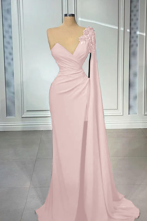 One Shoulder V Neck Mermaid Prom Pleated Dress Red Long Appliques With Ruffles