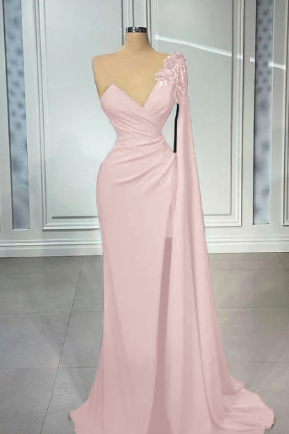 One Shoulder V Neck Mermaid Prom Pleated Dress Red Long Appliques With Ruffles