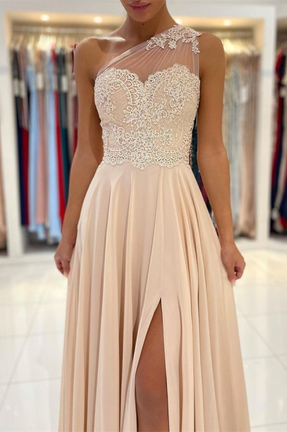 Glamorous One Shoulder Sleeveless Lace Appliques Prom Dress With Front Split