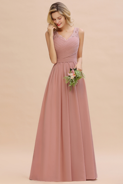 BMbridal Elegant V-Neck Ruffle Dusty Rose Chiffon Lace Bridesmaid Dresses Online-BMbridal