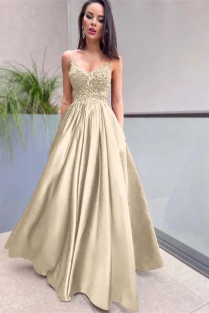 Royal Blue Sleeveless Lace A Line Long Prom Dress Appliques With Pockets