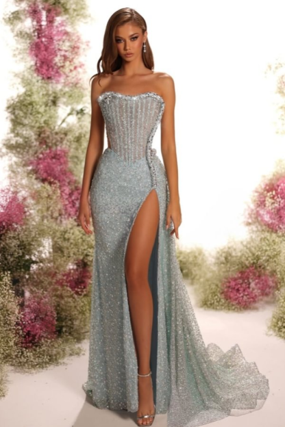 Strapless Sleeveless Long Split Prom Dress With Pleated Sequins