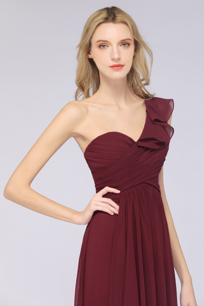 BMbridal Gorgeous Sweetheart Ruffle Burgundy Chiffon Bridesmaid Dress With One-shoulder-BMbridal