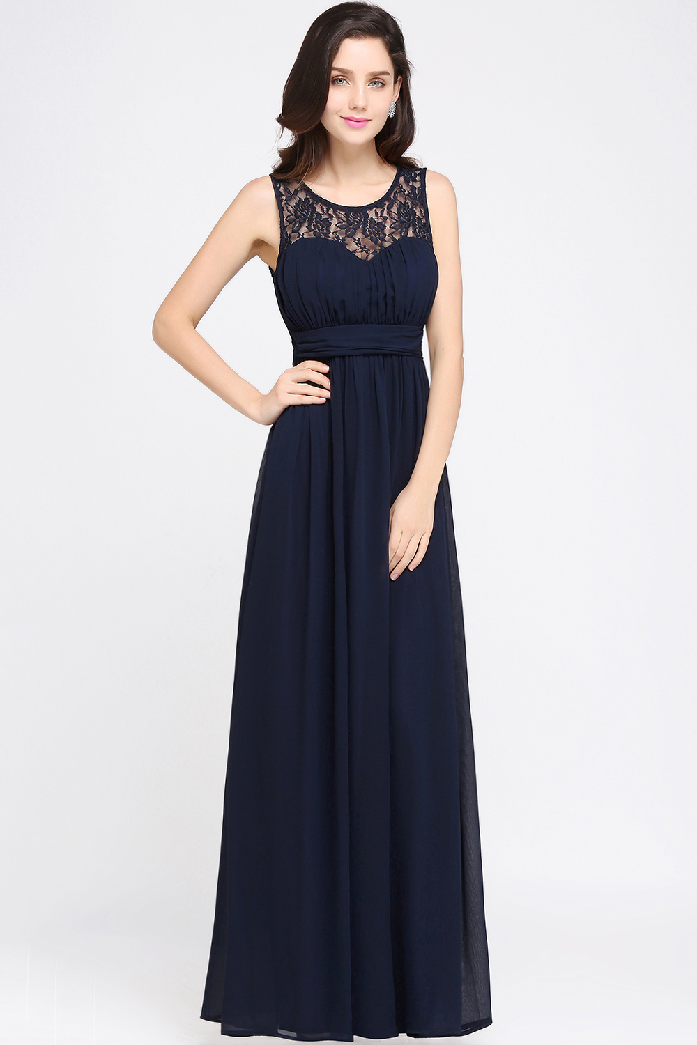 BMbridal Affordable Chiffon Jewel Sleeveless Lace Bridesmaid Dress Online with Ruffle-BMbridal