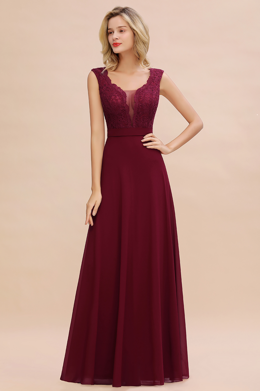 BMbridal Elegant Lace Deep V-Neck Burgundy Bridesmaid Dress Affordable-BMbridal