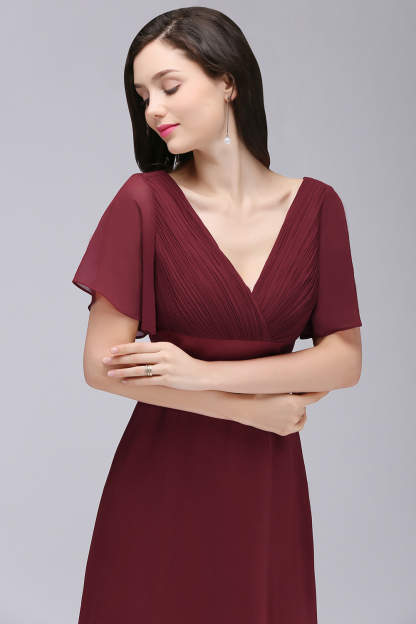 BMbridal Affordable V-Neck Ruffle Long Burgundy Bridesmaid Dress With Short-Sleeves-BMbridal