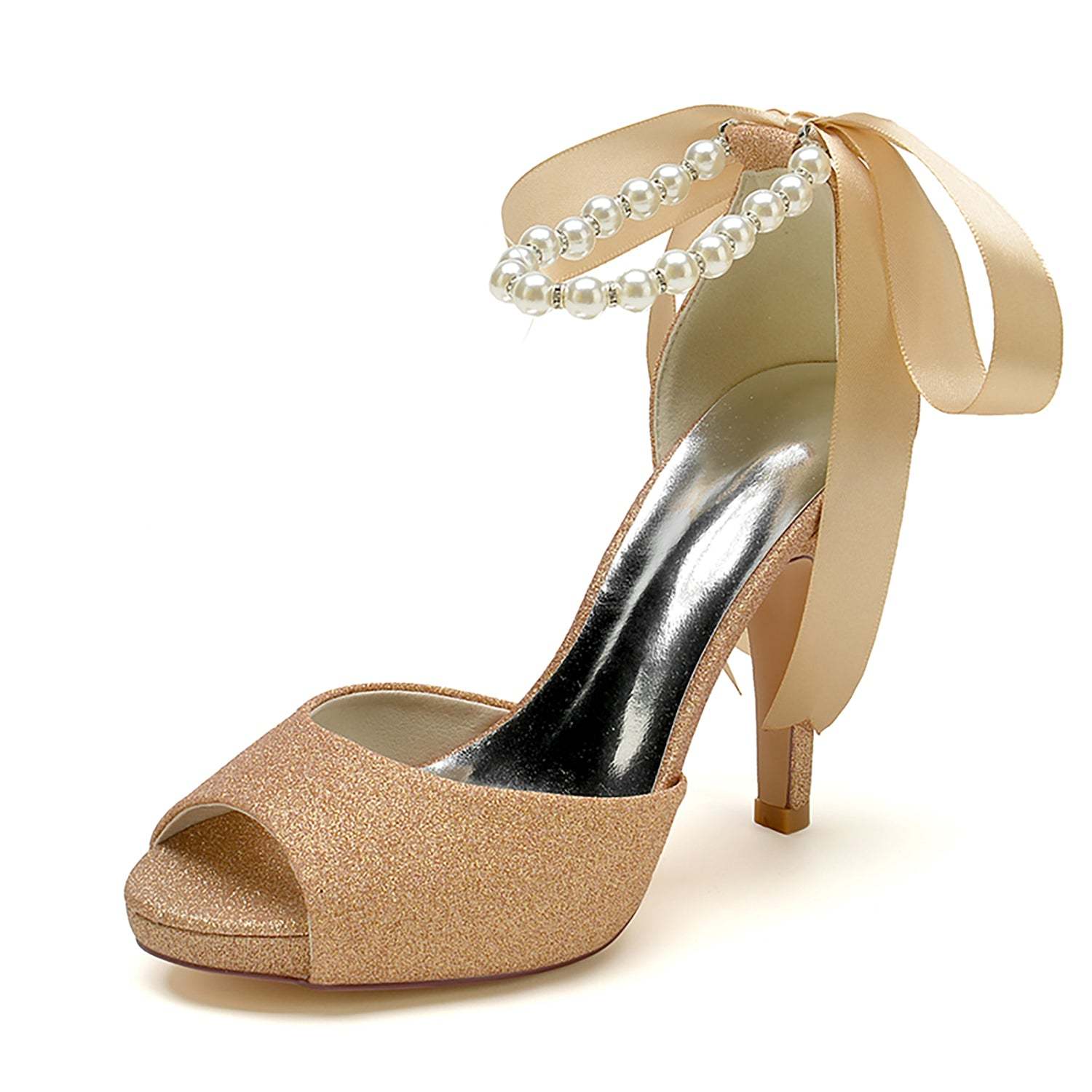 Bridal Shoes for Women with Glitter Bow and Pearl Buckle Peep Toe High Heels