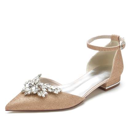 Bridal Shoes for Women with Glitter Rhinestones Low Pointed Toe and Ankle Strap