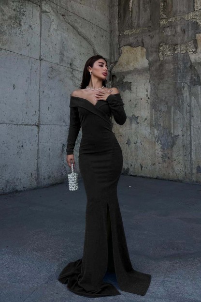 Off the Shoulder Long Sleeves Split Long Prom Dress With Pleated