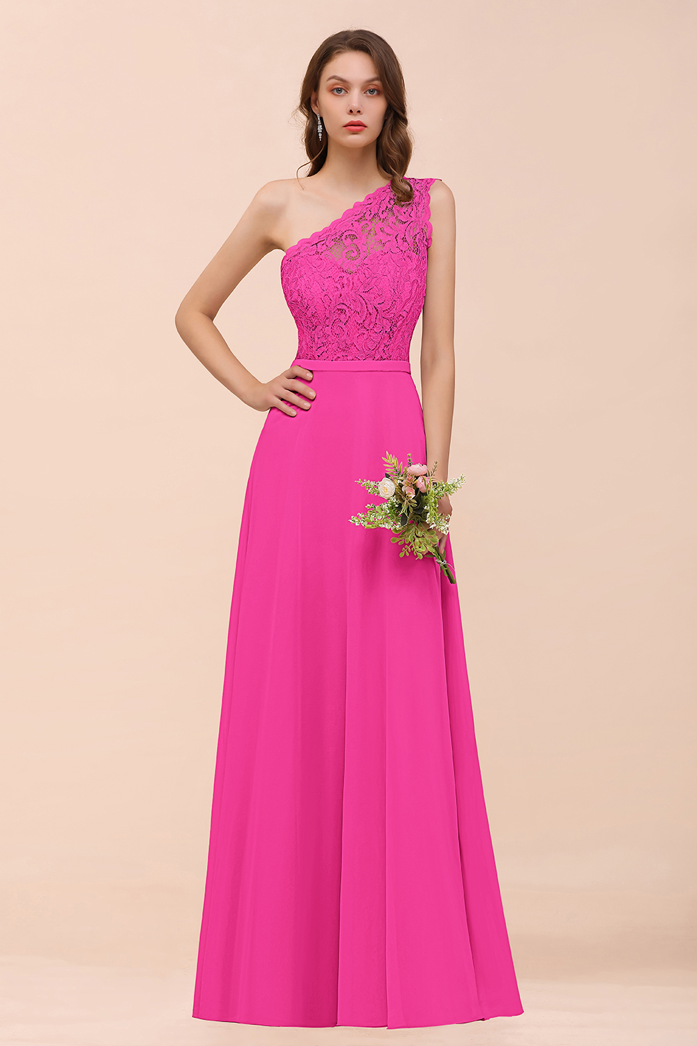 BMbridal New Arrival Dusty Rose One Shoulder Lace Long Bridesmaid Dress-BMbridal