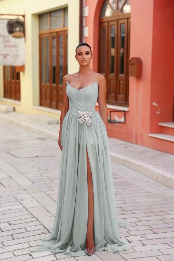 Strapless Sleeveless Long Split Prom Dress With Pleated Beading