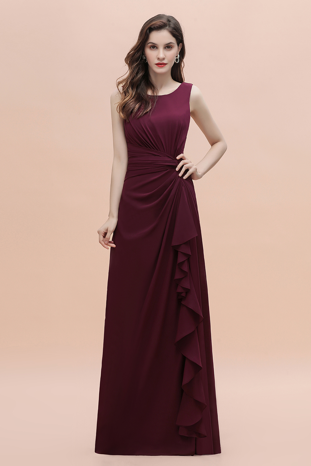 BMbridal Chic Jewel Cabernet Chiffon Ruffles Bridesmaid Dress with Slit On Sale-BMbridal