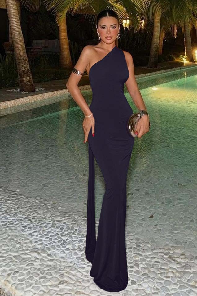 One Shoulder Sleeveless Mermaid Long Prom Dress With Ruffles