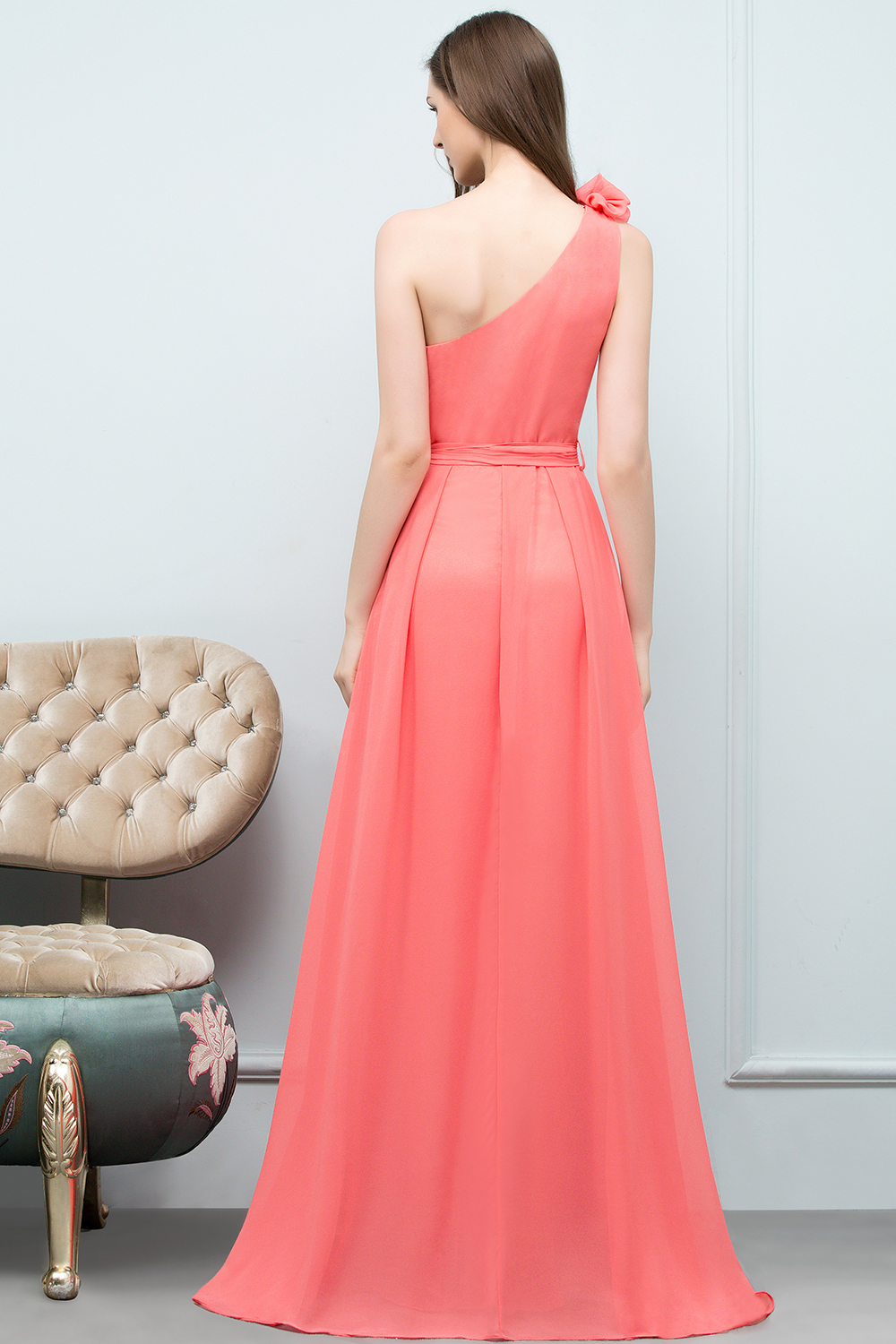 BMbridal Chic One Shoulder Flower Long Bridesmaid Dresses with Bow Sash-BMbridal