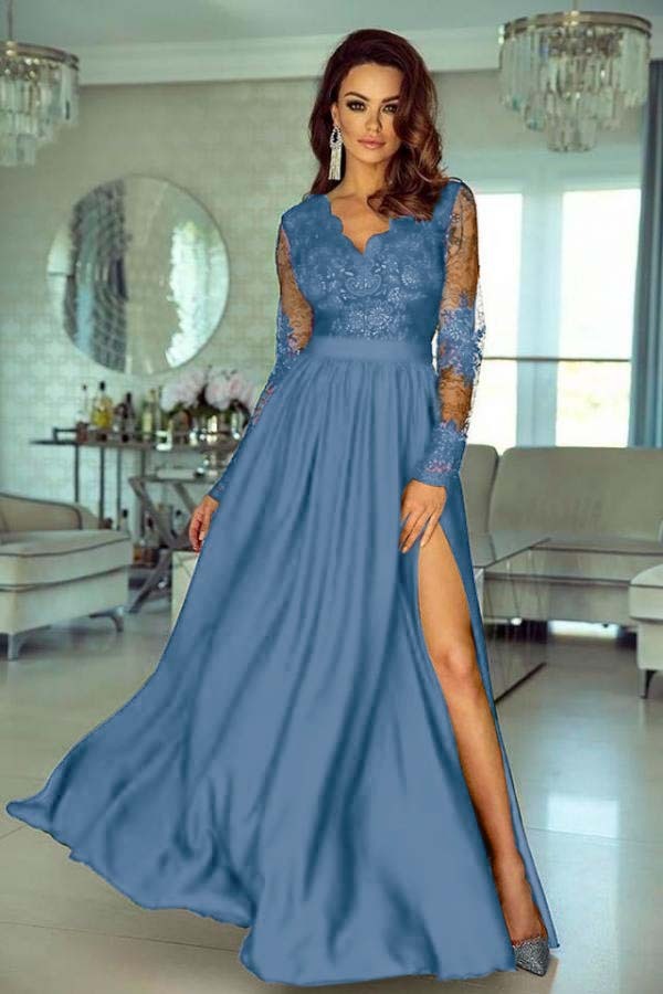 Charming V Neck Long Sleeves Lace A Line Long Prom Dress With Side Split