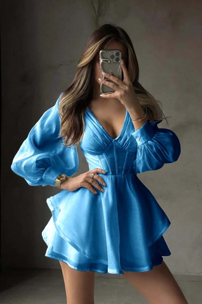 White Long Sleeves V Neck Short Prom Dress With Ruffles Pleated