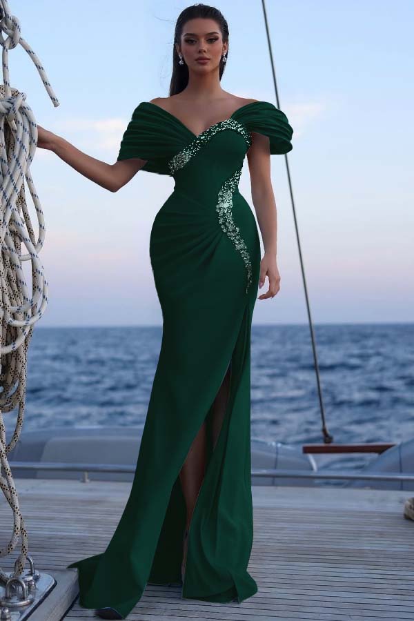 Off the Shoulder Sleeveless Long Mermaid Prom Dress With Sequins