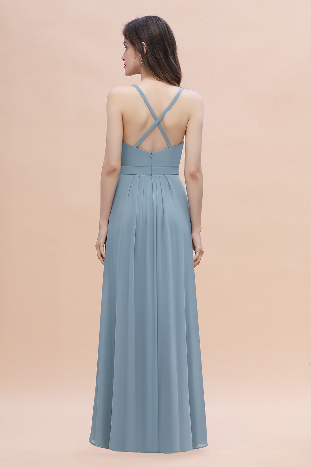 BMbridal Gorgeous A-Line Straps Dusty Blue Chiffon Bridesmaid Dress with Ruffles On Sale-BMbridal