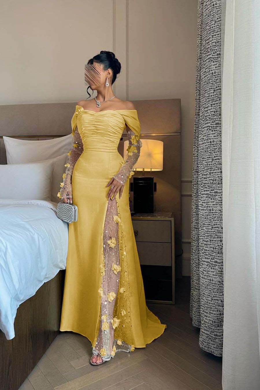 Off the Shoulder Long Sleeves Long Prom Dress With Split Appliques