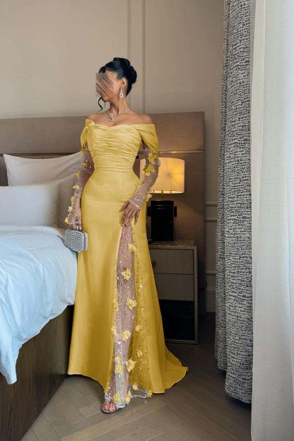 Off the Shoulder Long Sleeves Long Prom Dress With Split Appliques