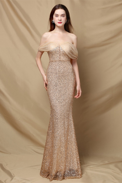 Elegant Off the Shoulder Mermaid Sequins Prom Dress With Sweetheart Buttons