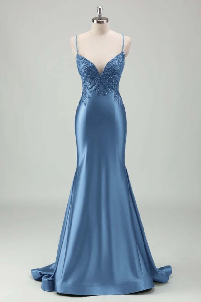 Spaghetti Strap Sleeveless Long Mermaid Prom Dress With Appliques
