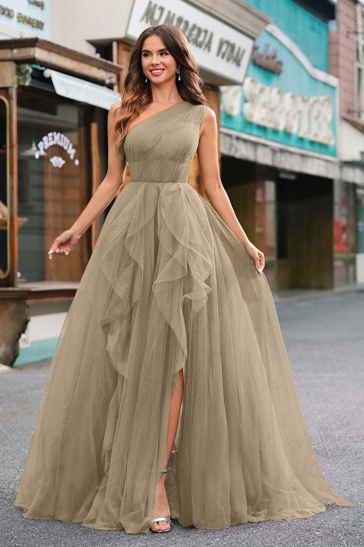 One Shoulder Sleeveless Long Split Prom Dress With Sequins Tulle