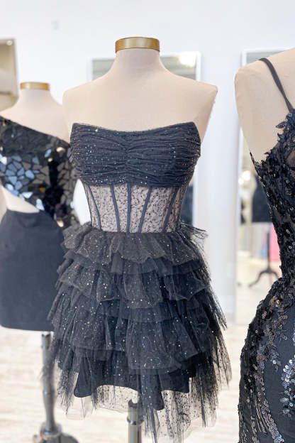 Glitter Black Corset Tiered A-Line Tulle Short Homecoming Dress