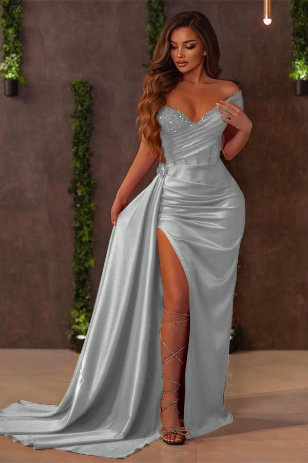 Red Off the Shoulder Long Ruffles Mermaid Prom Dress Sequins With Split