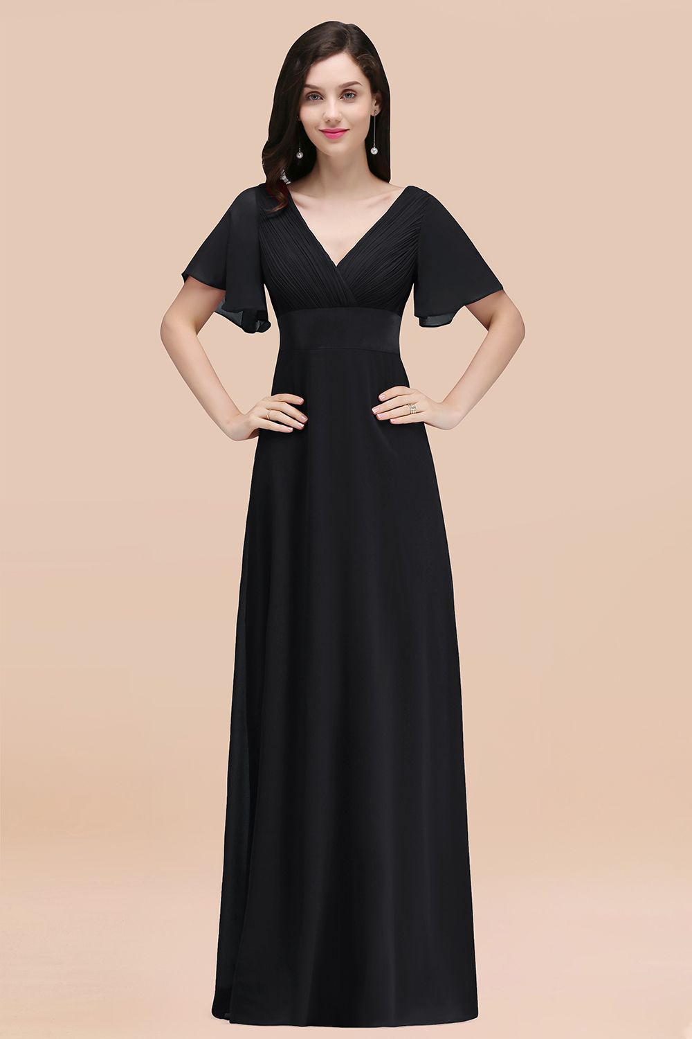 BMbridal Affordable V-Neck Ruffle Long Burgundy Bridesmaid Dress With Short-Sleeves-BMbridal