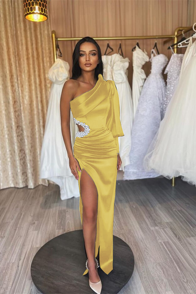 Black One Shoulder Pleated Prom Dress One Long Sleeve With Beading