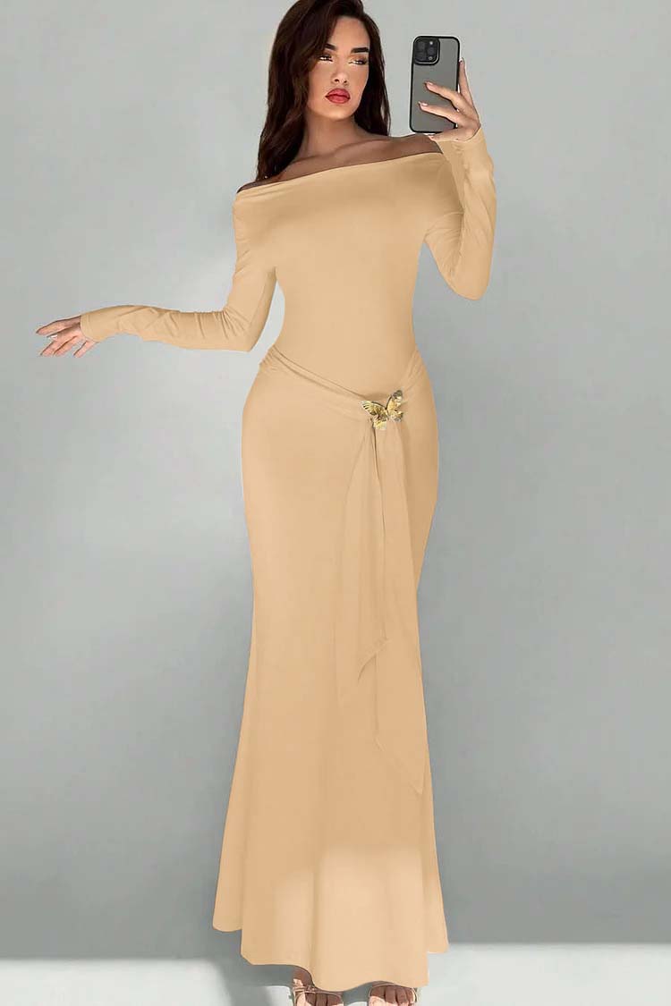 Off the Shoulder Long Sleeves Long Mermaid Prom Dress With Appliques