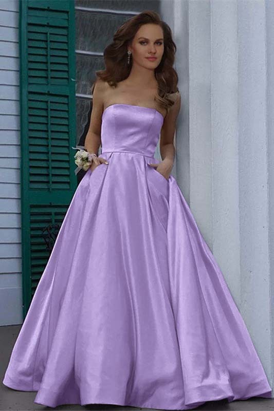 Stunning Strapless Sleeveless Burgundy A Line Long Prom Dress With Pockets