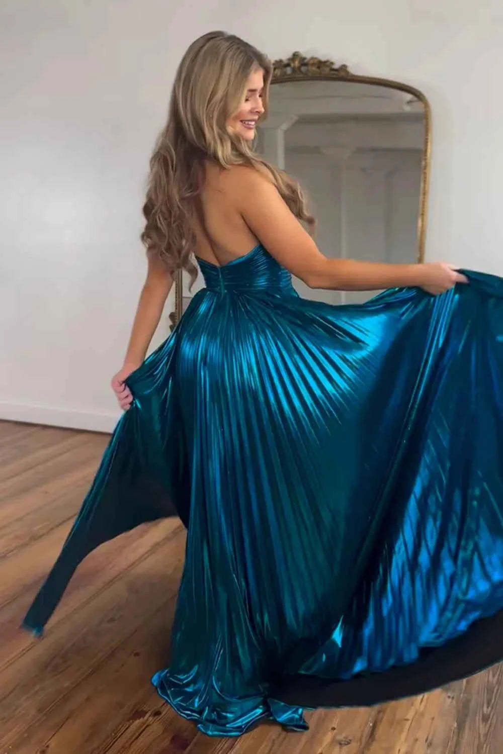 Metallic Blush Halter Neck A-Line Pleated Long Prom Dress with Slit