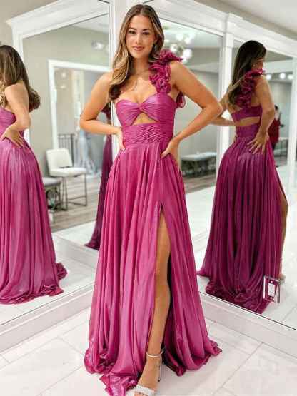 Fuchsia A-Line One Shoulder Metallic Long Prom Dress with Slit