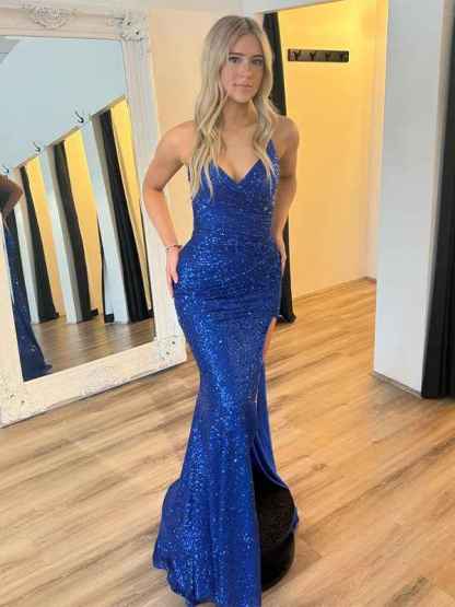Royal Blue Mermaid Spaghetti Straps Sequin Long Prom Dress with Slit
