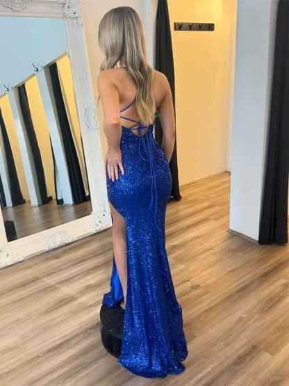 Royal Blue Mermaid Spaghetti Straps Sequin Long Prom Dress with Slit