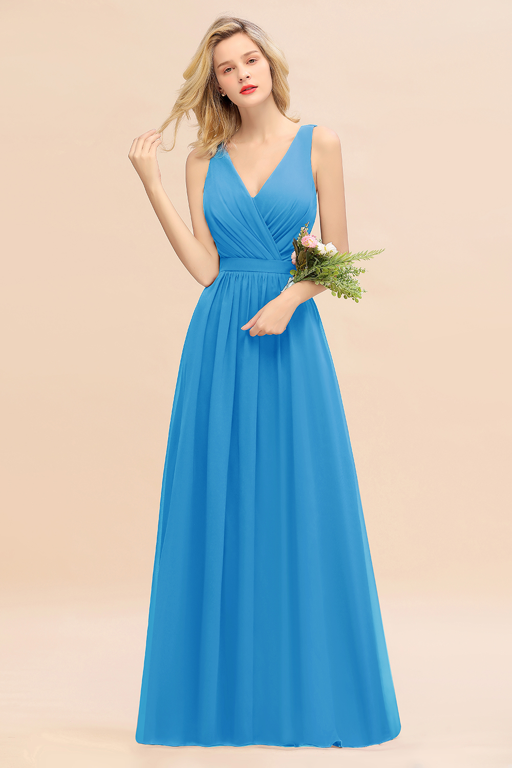 BMbridal Affordable V-Neck Ruffle Long Grape Chiffon Bridesmaid Dress with Bow-BMbridal