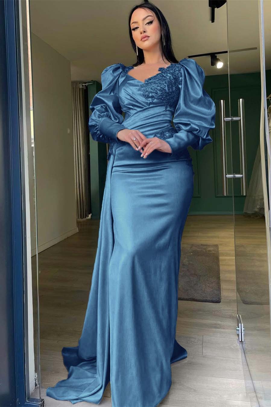 Long Puff Sleeves Pleated Mermaid Split Prom Dress With Appliques Ruffles