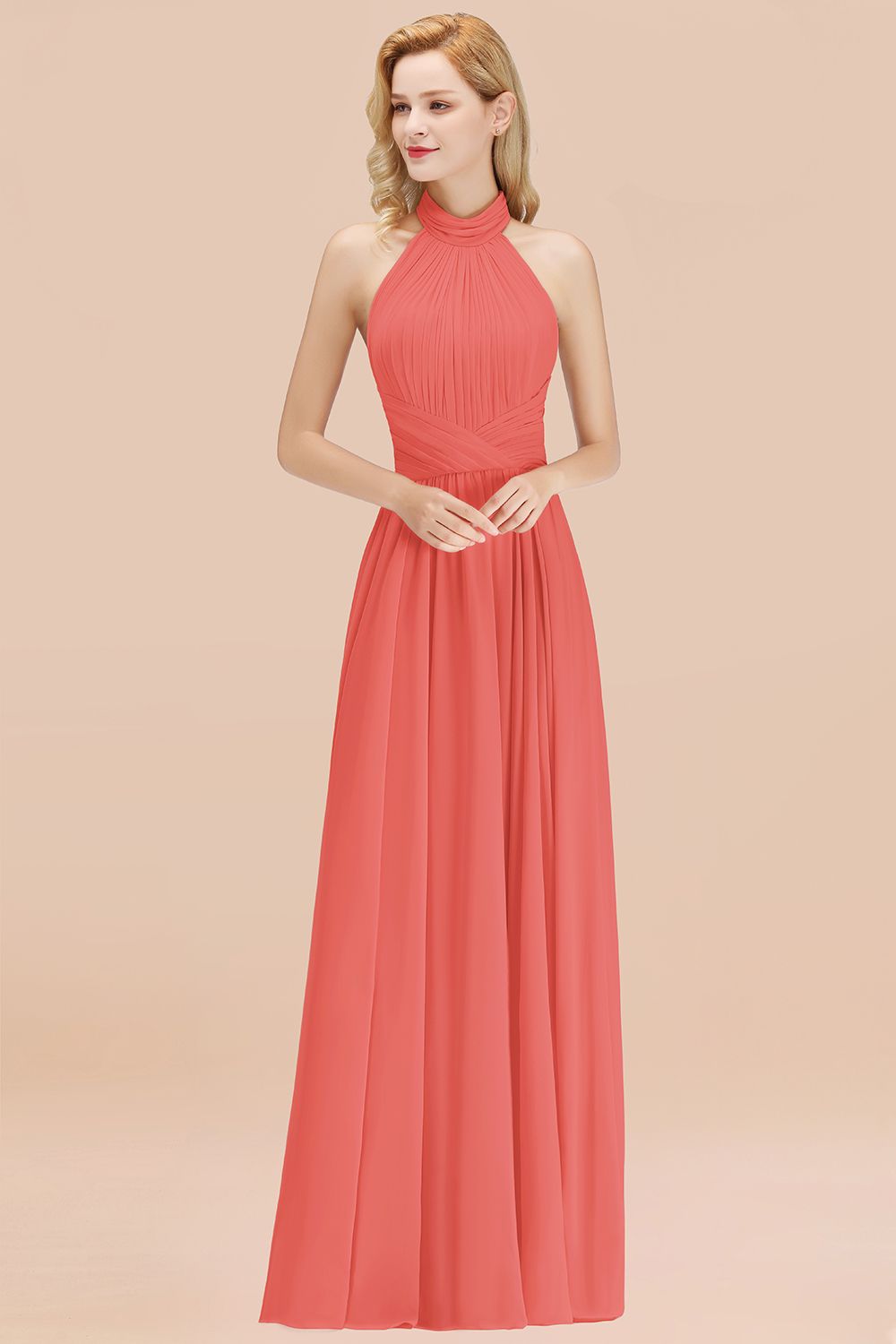 BMbridal Gorgeous High-Neck Halter Backless Bridesmaid Dress Dusty Rose Chiffon Maid of Honor Dress-BMbridal