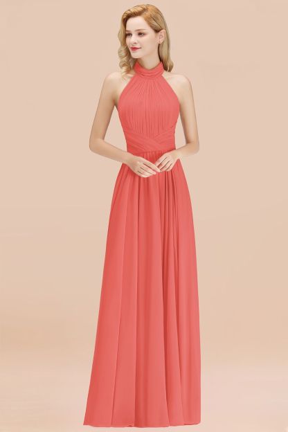 BMbridal Gorgeous High-Neck Halter Backless Bridesmaid Dress Dusty Rose Chiffon Maid of Honor Dress-BMbridal